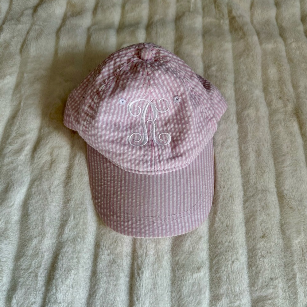 Seersucker toddler size hat with initial “R”